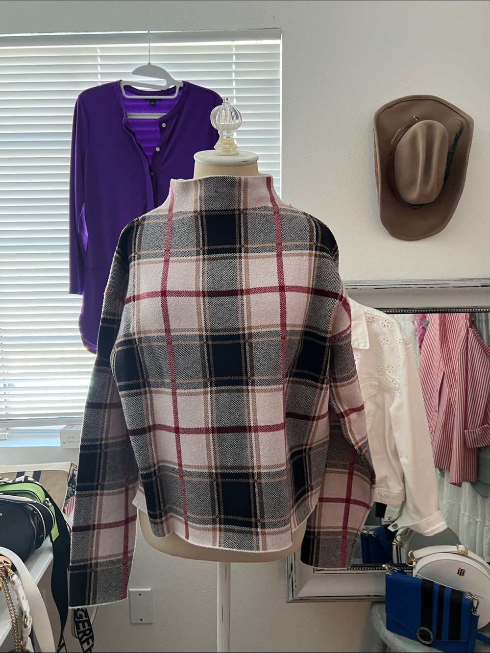 Tahari Plaid Pullover Sweater in Black, White, Gray and Burgundy